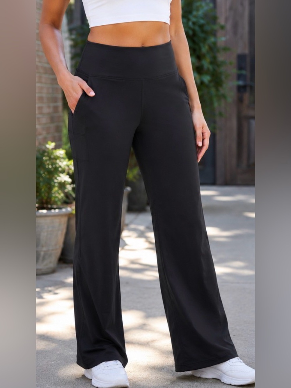 Soothfeel Wide Leg Leggings 28L Black High Rise Yoga Pants Pockets Size 28